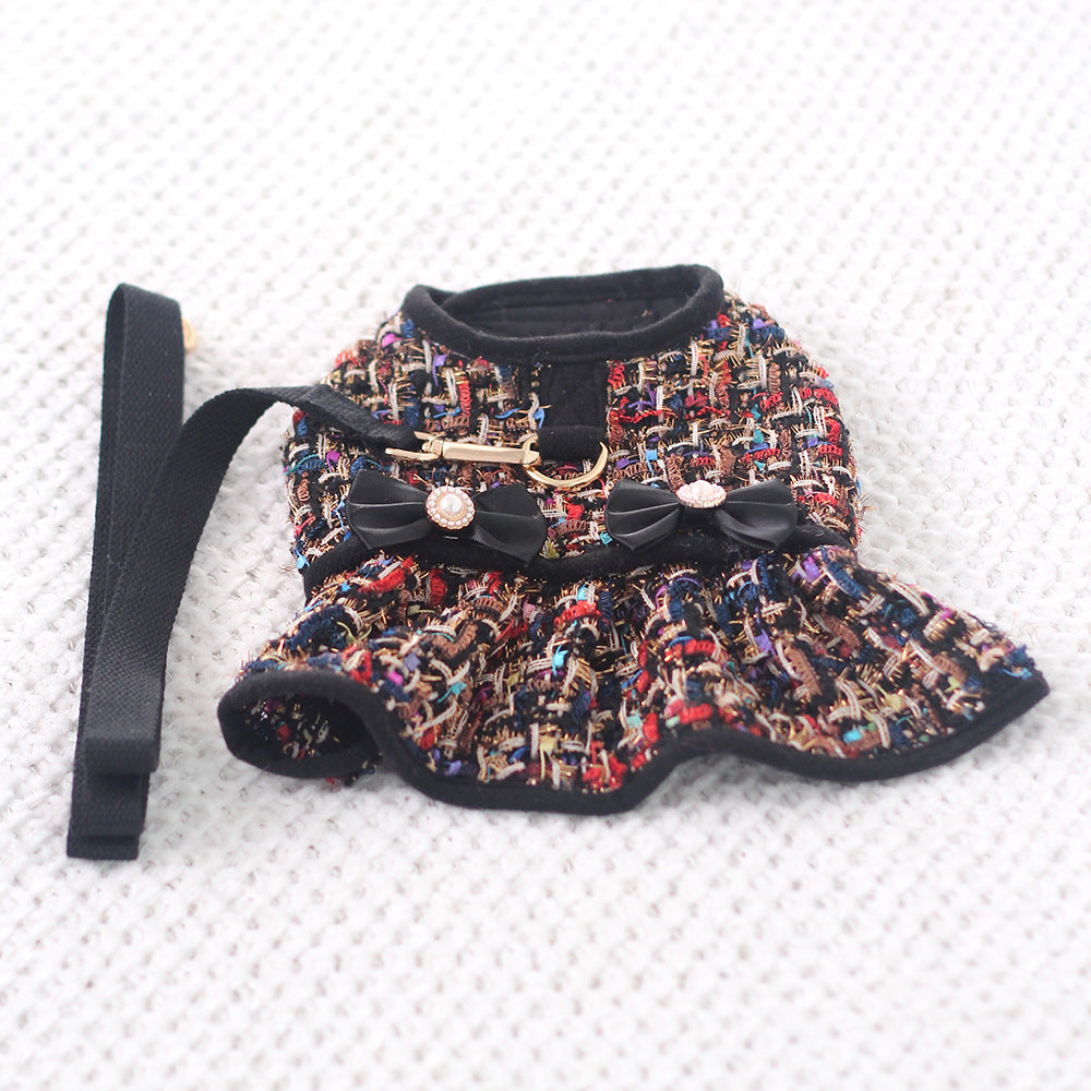 Tweed-style dog chest harness with cat vest-style leash and matching hat