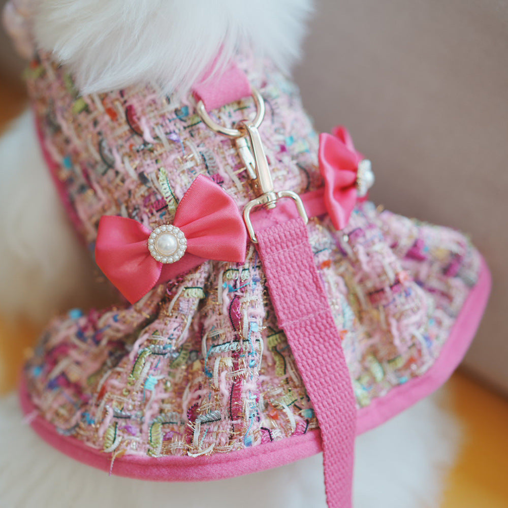 Tweed-style dog chest harness with cat vest-style leash and matching hat