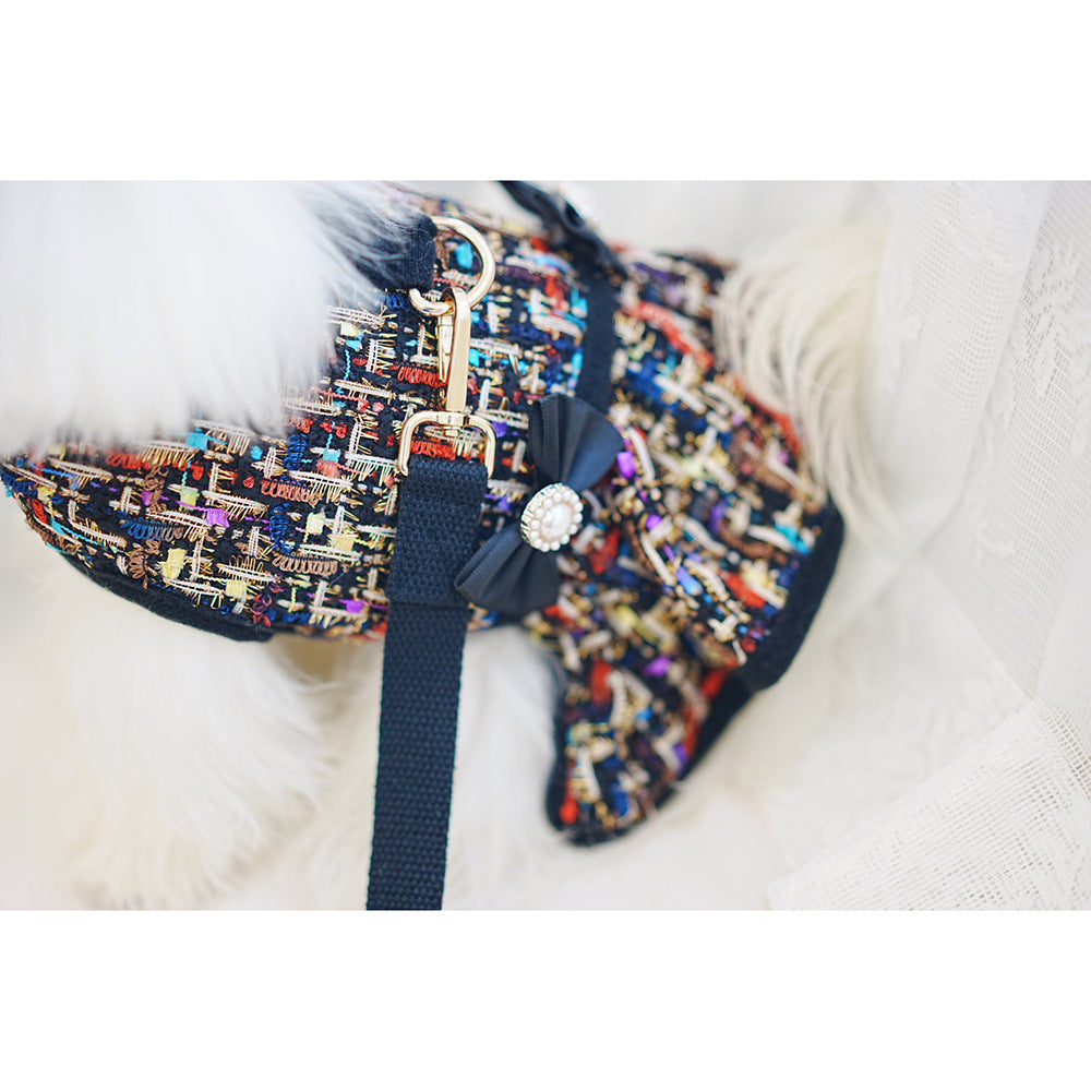 Tweed-style dog chest harness with cat vest-style leash and matching hat