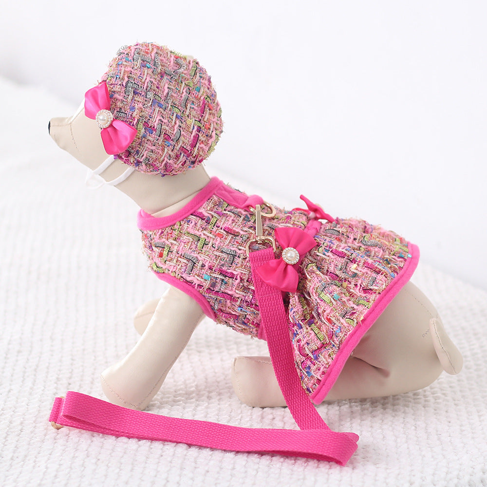Tweed-style dog chest harness with cat vest-style leash and matching hat