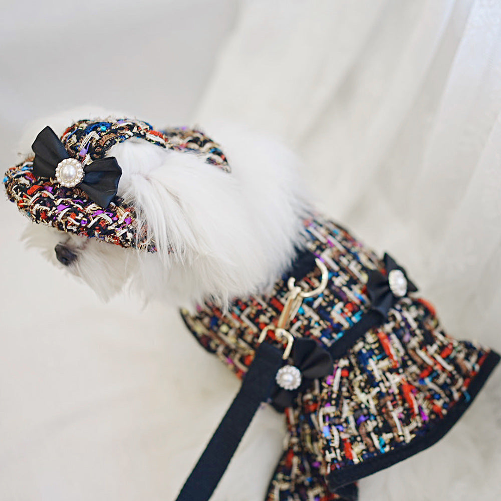 Tweed-style dog chest harness with cat vest-style leash and matching hat