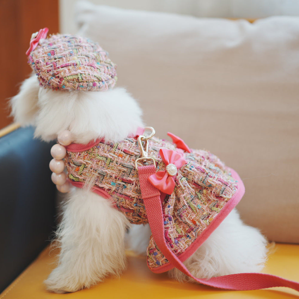 Tweed-style dog chest harness with cat vest-style leash and matching hat