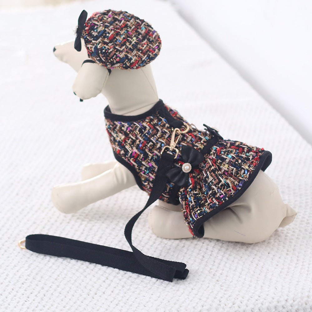Tweed-style dog chest harness with cat vest-style leash and matching hat