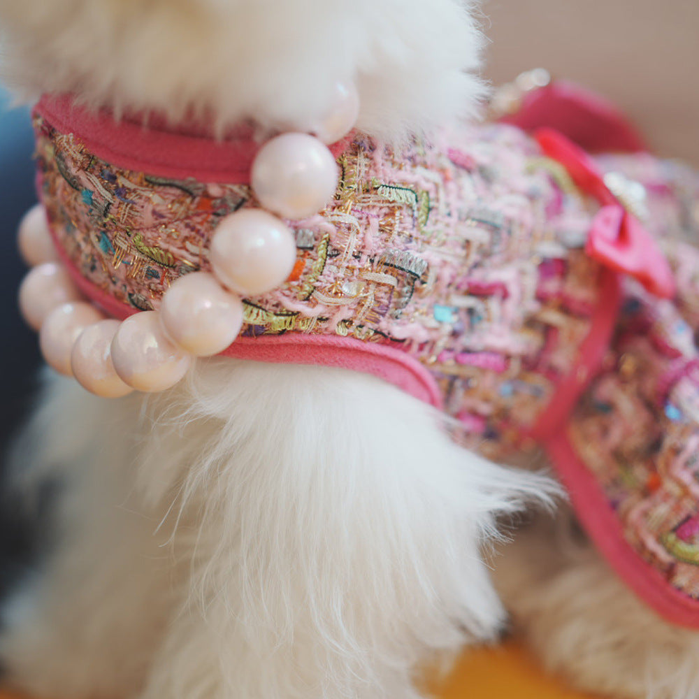 Tweed-style dog chest harness with cat vest-style leash and matching hat