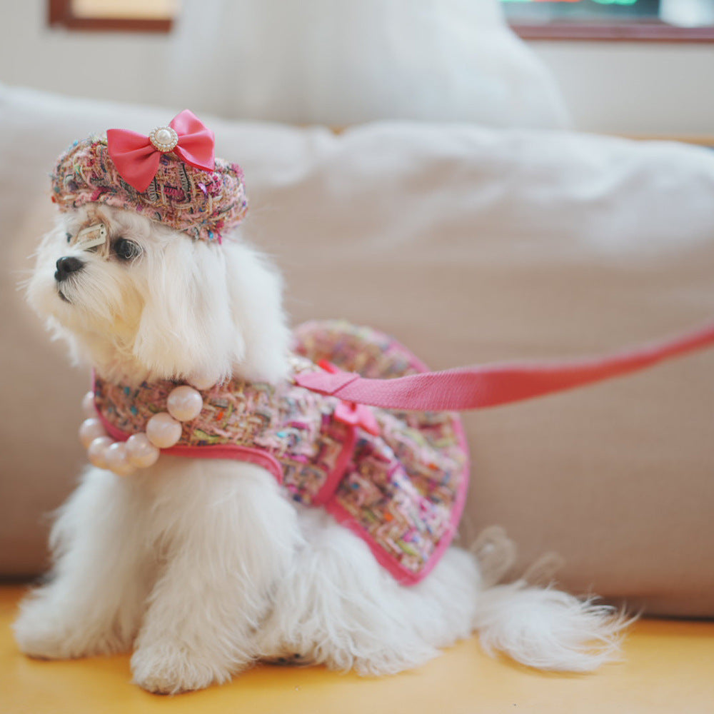 Tweed-style dog chest harness with cat vest-style leash and matching hat