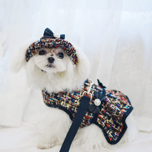 Tweed-style dog chest harness with cat vest-style leash and matching hat