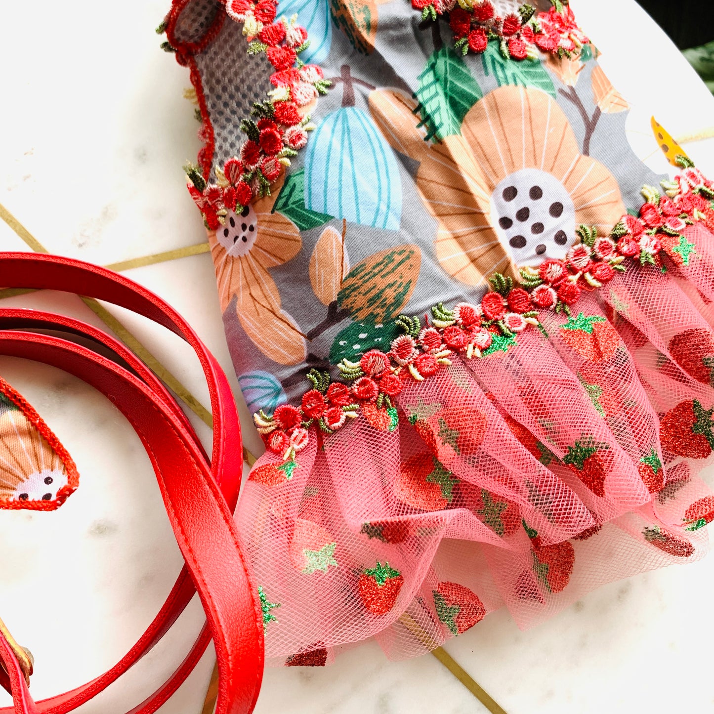 Strawberry Pom Fashion Harness Dress Set| For Elegant Puppy or Kitten