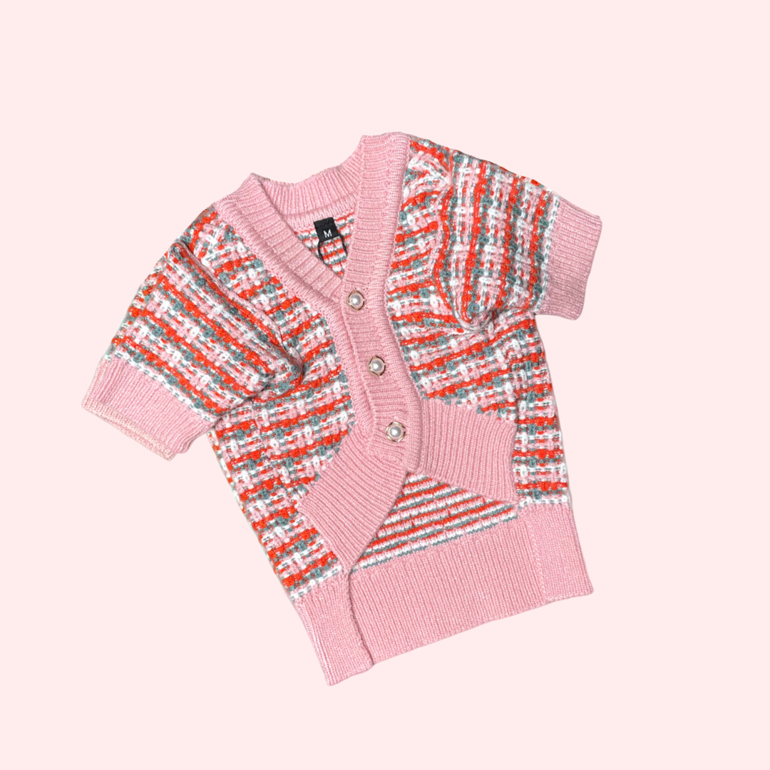 Pink Tweed Plaid Sweater Cardigan