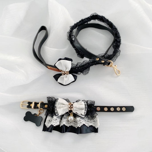 Monochrome Lace Lolita Pet Collar & Leash | For Cats and Dogs
