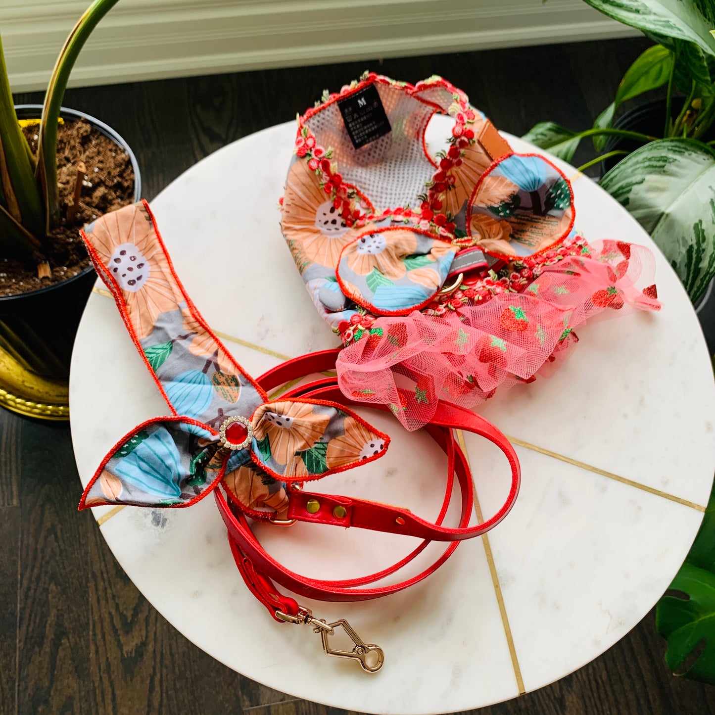Strawberry Pom Fashion Harness Dress Set| For Elegant Puppy or Kitten