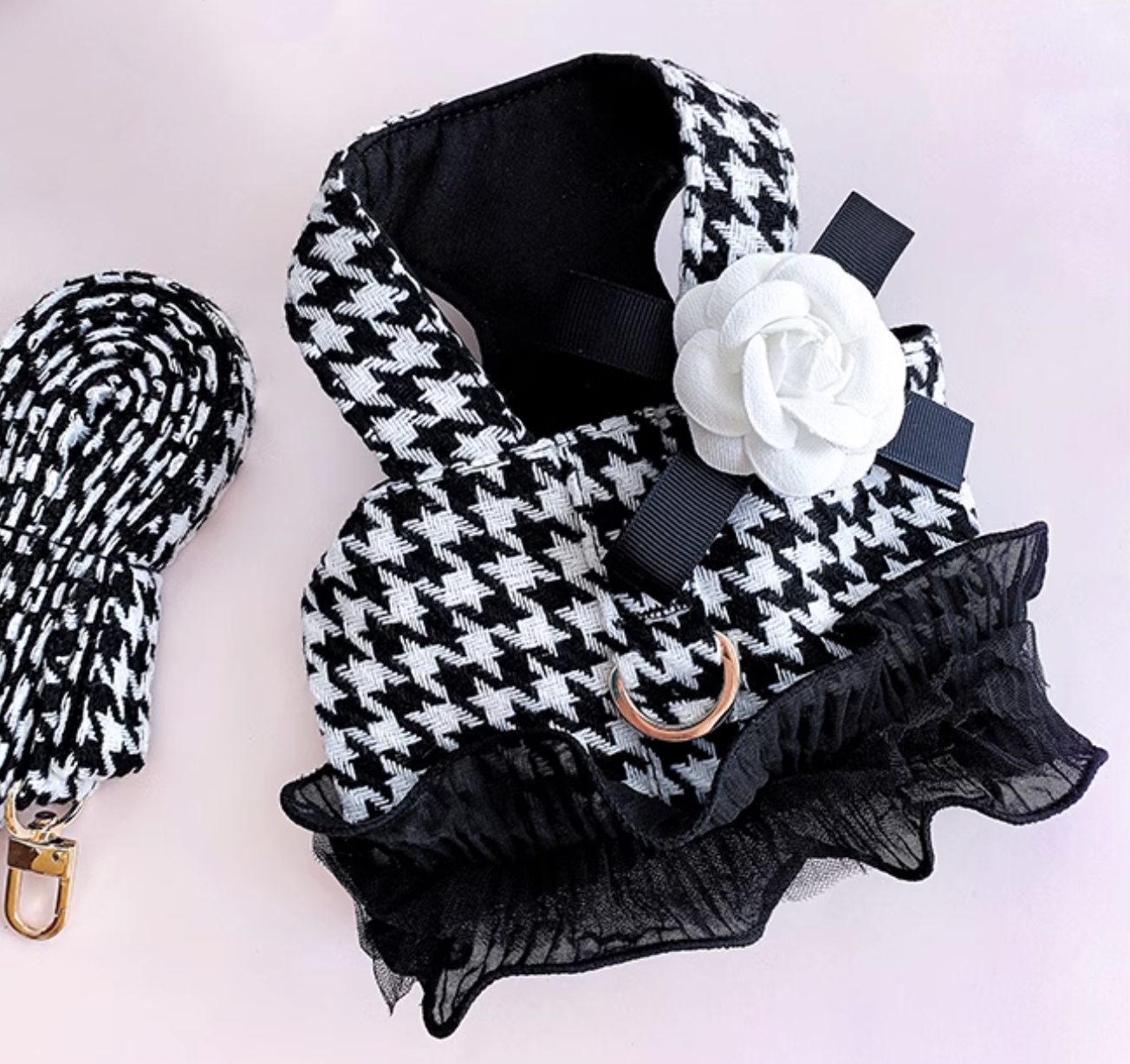 Chic Houndstooth Pet Harness Set